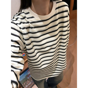 黑白条纹长袖t恤男女款春季美式重磅无帽卫衣cleanfit内搭打底衫