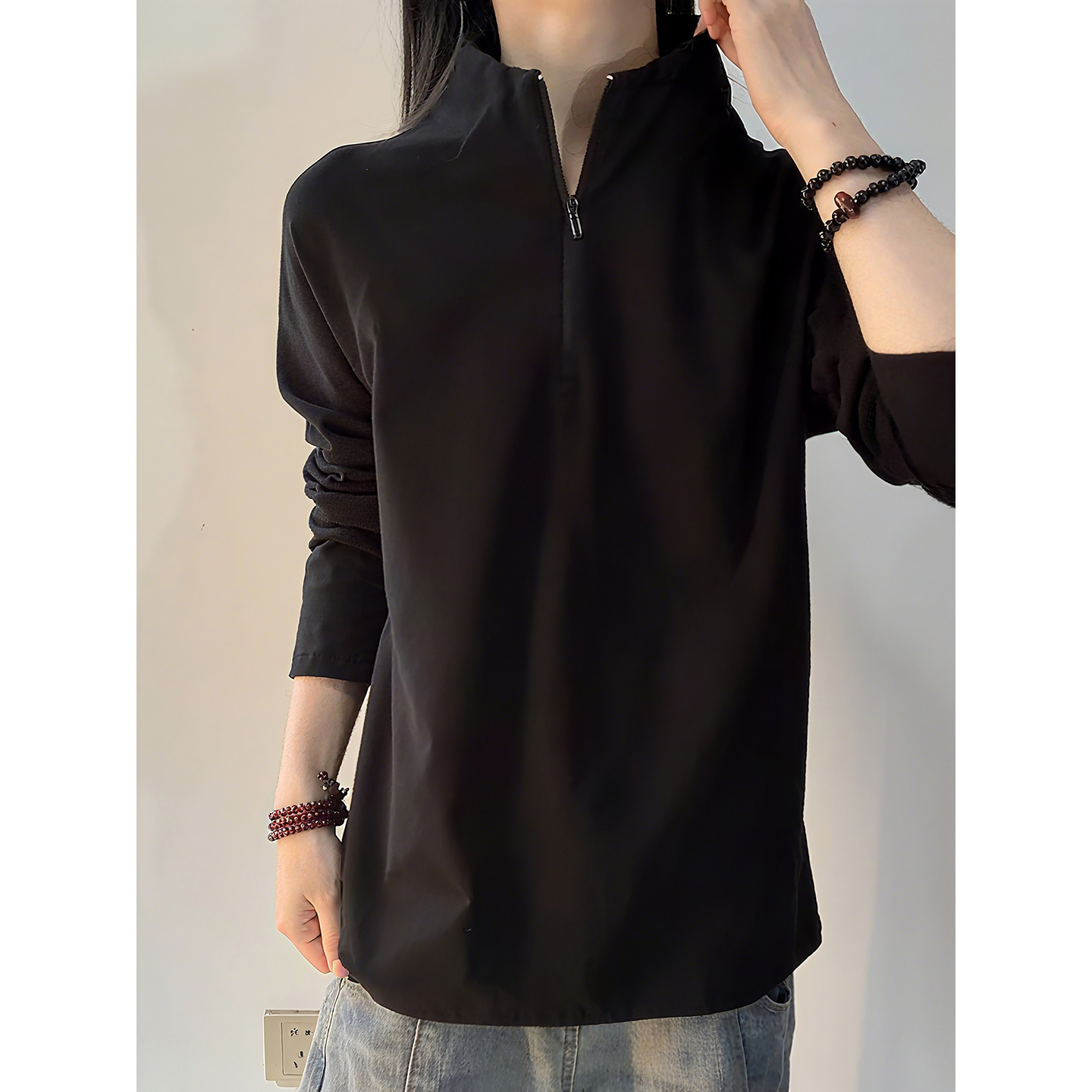 黑色半拉链德绒打底衫冬季可外穿