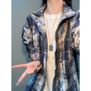 牛油果绿扎染格子衬衫男春季美式复古休闲情侣装cleanfit夹克外套