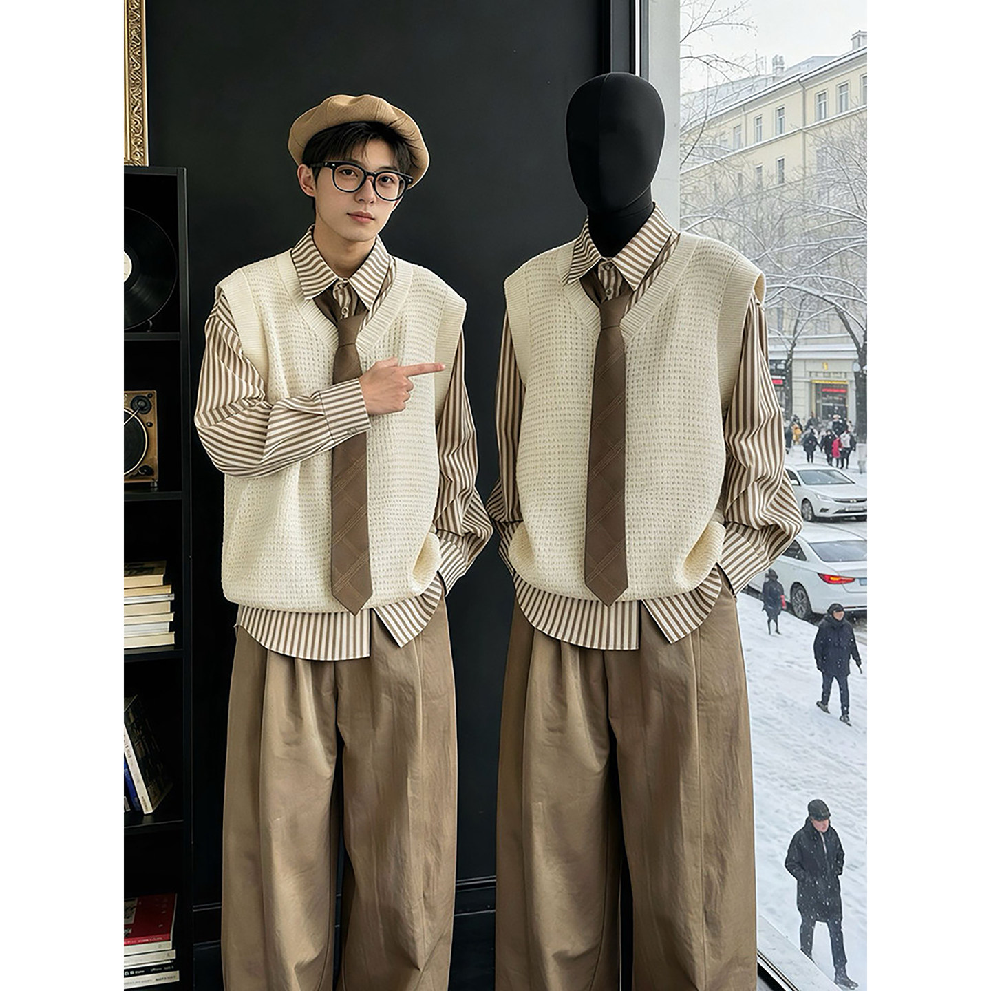 杏色韩系学院风dk针织马甲男无袖v领叠穿毛衣慵懒高级感坎肩外套,男装,常规马甲,淘宝优惠券,粉丝福利购,淘宝优惠卷