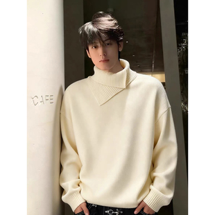 米白色不规则高领毛衣男秋冬老钱风穿搭毛线衣慵懒情侣内搭针织衫