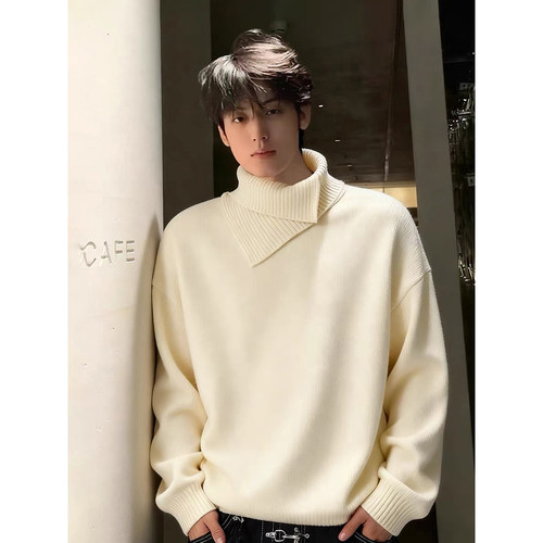 米白色不规则高领毛衣秋冬老钱风