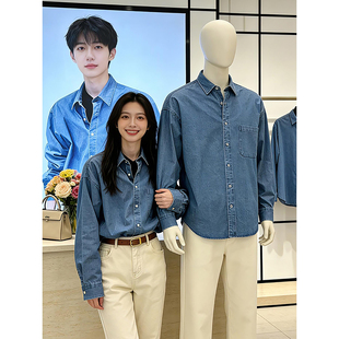 浅蓝色水洗牛仔衬衫男款春季高级感痞帅叠穿长袖衬衣情侣休闲外套