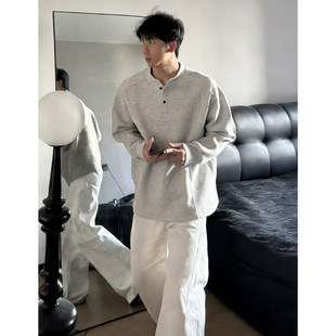 浅灰色亨利领长袖t恤男春秋美式解构加绒卫衣cleanfit内搭打底衫