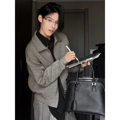 灰色翻领拉链卫衣韩系高级感夹克