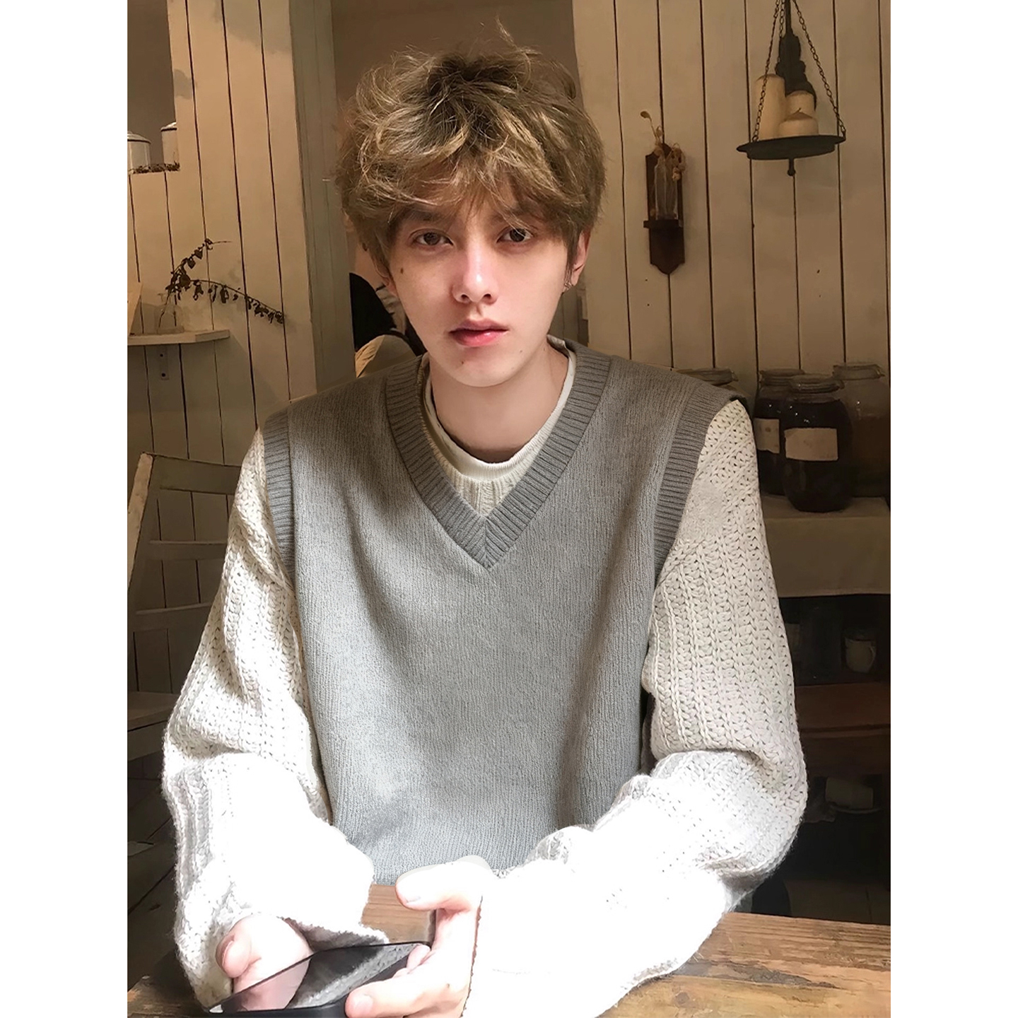 韩系慵懒风无袖毛衣男款秋冬美式