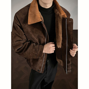 美拉德冬装加厚外套男款翻领拼接兔毛内里加厚棉衣座山雕皮衣棉服