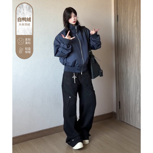 藏青色bomber飞行夹克羽绒服男冬季短款立领外套美式保暖冲锋棉衣