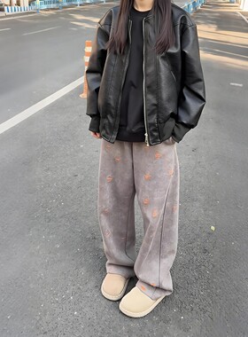 灰色扎染弯刀卫裤男款秋冬设计感垂感直筒阔腿裤hiphop运动休闲裤