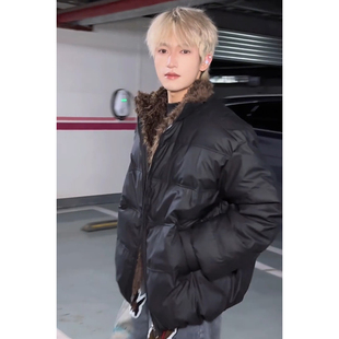 黑色晋江座山雕毛领羽绒棉服男款冬季加厚保暖面包服短款立领棉衣