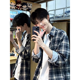 藏青色美式复古格子衬衫男春季高级感痞帅长袖衬衣慵懒风宽松外套