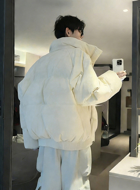 白色帆布皮立领羽绒棉服男冬季加厚保暖棉衣外套高级感短款面包服