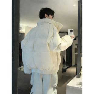 白色帆布皮立领羽绒棉服男冬季加厚保暖棉衣外套高级感短款面包服