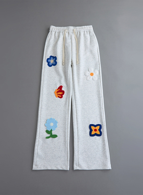 花灰色刺绣弯刀卫裤男款冬季慵懒风加绒裤子美式休闲直筒微喇长裤