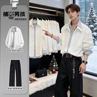 韩版英伦风假两件衬衫男士穿搭一整套高级感条纹拼接叠穿长袖衬衣