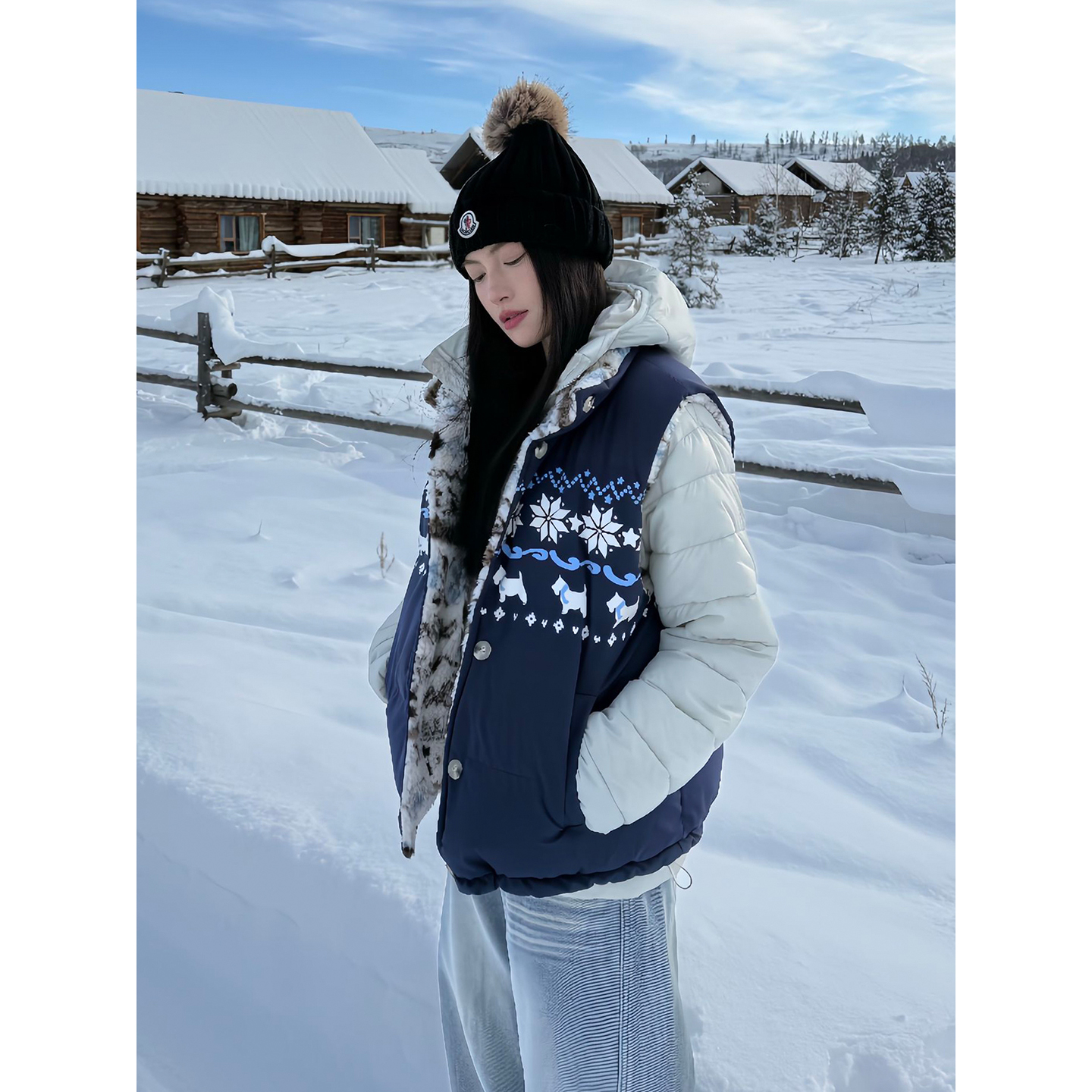 美式双面穿费尔岛棉服马甲男女冬