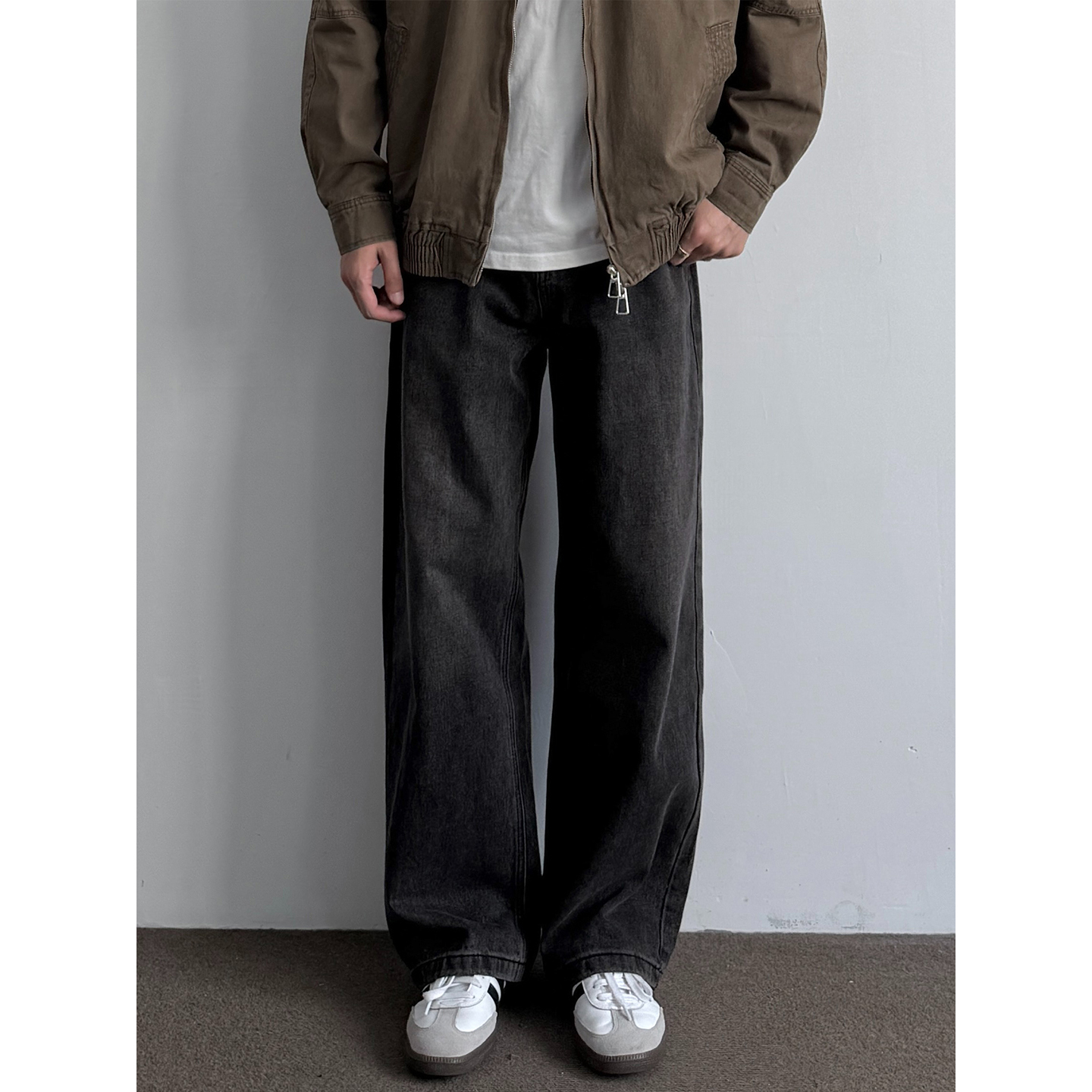 美式黑灰色阔腿牛仔裤微喇长裤