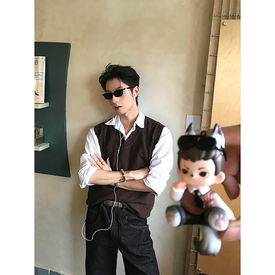 黑色V领无袖针织衫马甲男款秋冬