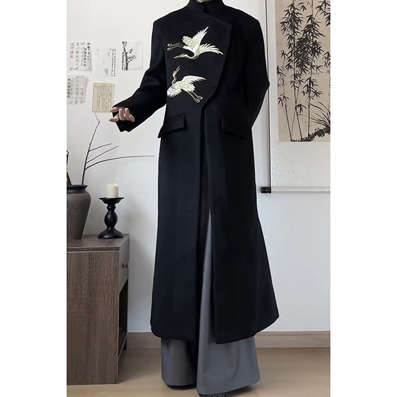 新中式仙鹤刺绣毛呢大衣男秋冬