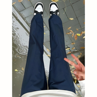 藏青色斜切直筒裤子男款秋冬加绒防水软壳冲锋裤cleanfit休闲长裤