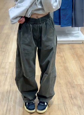 军绿色水洗纯棉工装裤男美式复古vintage裤子直筒宽松褶皱弯刀裤