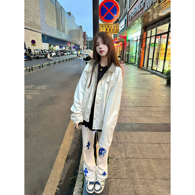 美式炸街裤子男女白色刺绣牛仔裤