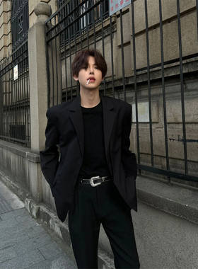 黑色dk小西装发型师潮牌男装高级感套装英伦雅痞韩版垫肩西服外套