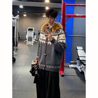 费尔岛大毛领针织开衫男冬季外套