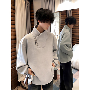 灰色立领半拉链卫衣男秋冬美式修身正肩长袖t恤cleanfit内搭上衣