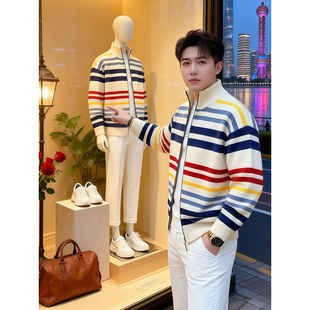 彩色撞色条纹立领针织开衫男潮高级感棒球领毛衣韩版修身轻奢外套