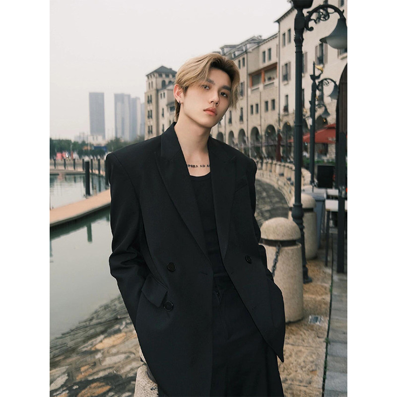 黑色垫肩男式高级感痞帅西服雅痞英伦风单西外套韩版休闲伴郎西装,男装,休闲西服,淘宝优惠券,粉丝福利购,淘宝优惠卷