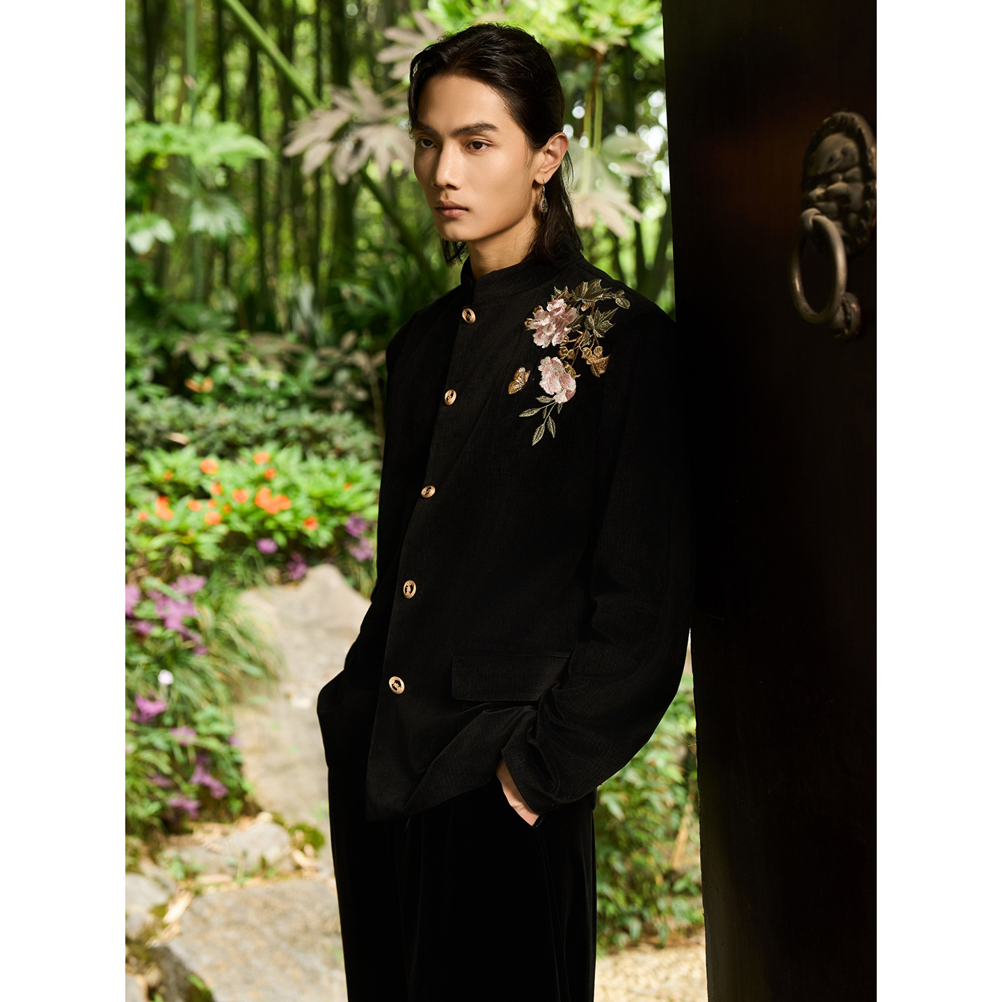 新中式灯芯绒立领西服套装男高级