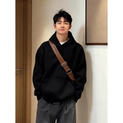 黑色重磅硬挺连帽卫衣加厚绒内搭