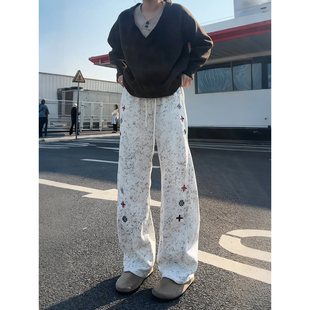 白花灰扎染弯刀卫裤男款春季美式斜切微喇裤子宽松直筒运动休闲裤