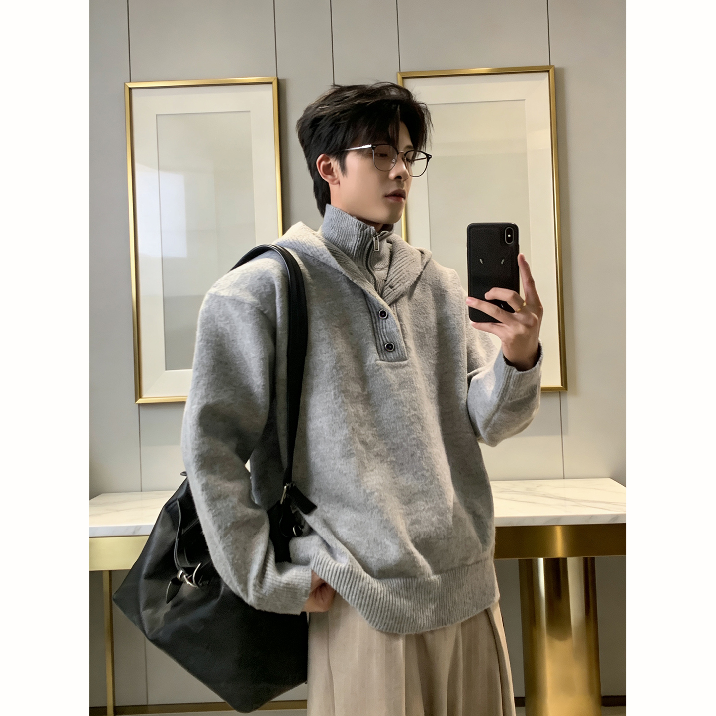 灰色立领假两件连帽针织衫男冬