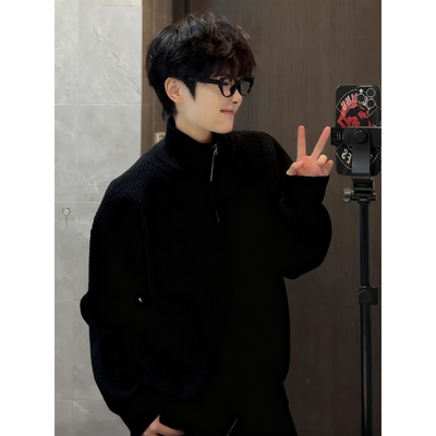 韩系高领拉链开衫毛衣男款秋冬季