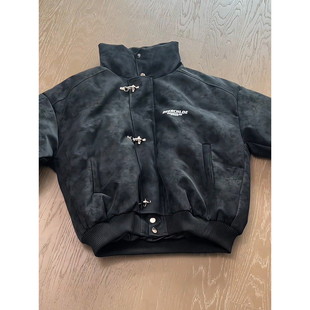 美式雾面扎染pu皮棉服男款冬季加厚立领面包服短款飞机扣晋江棉衣