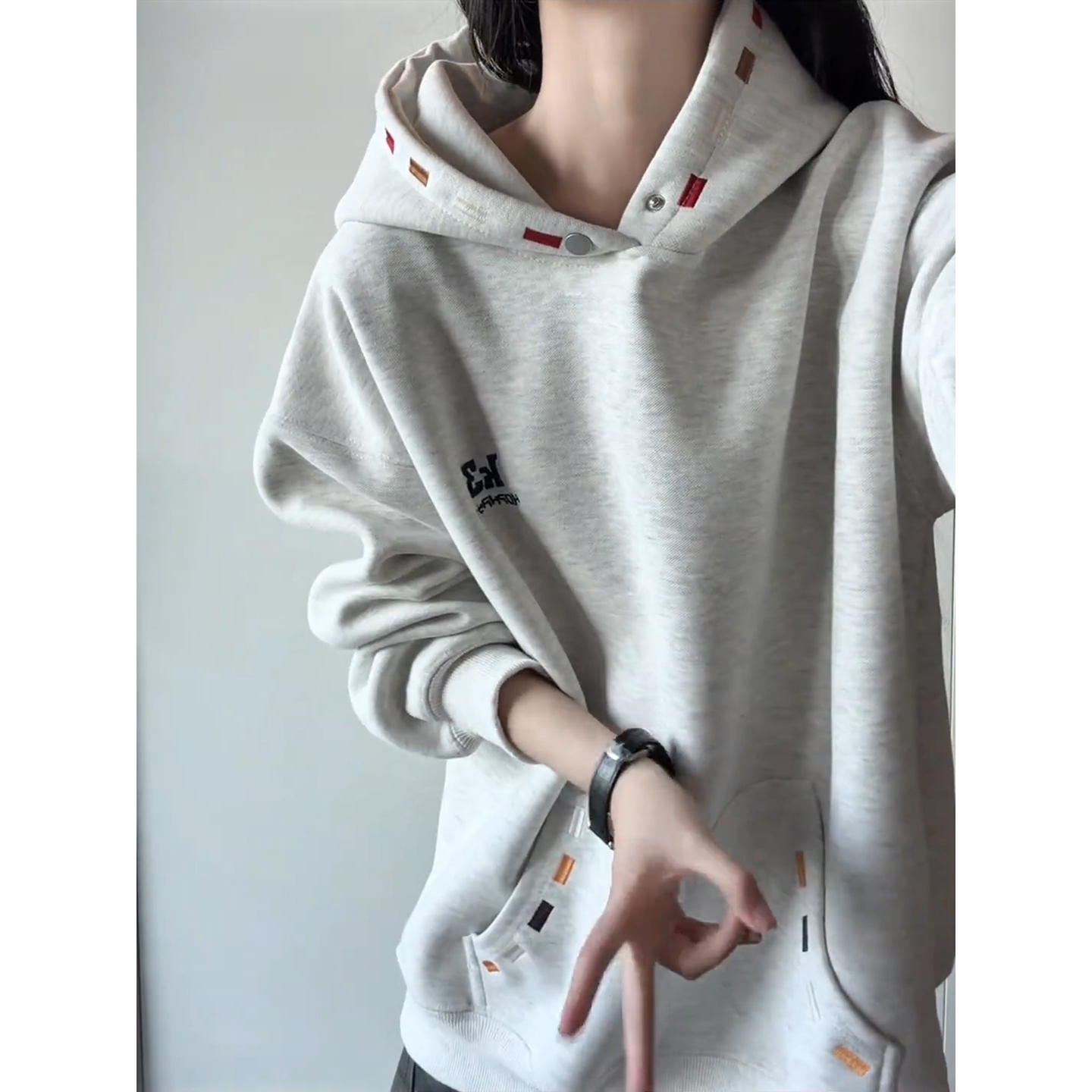 白花灰色重磅廓形连帽卫衣男女