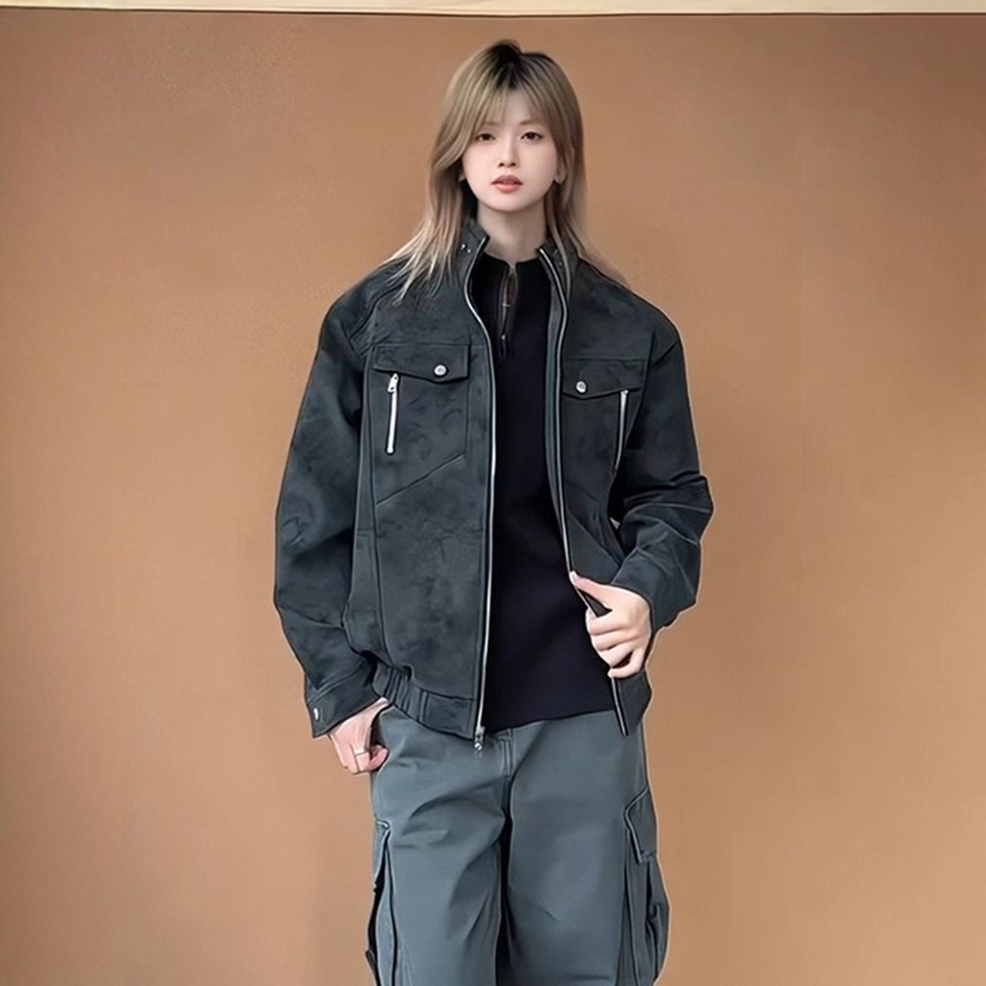 短款哈灵顿夹克男扎染机车棒球服