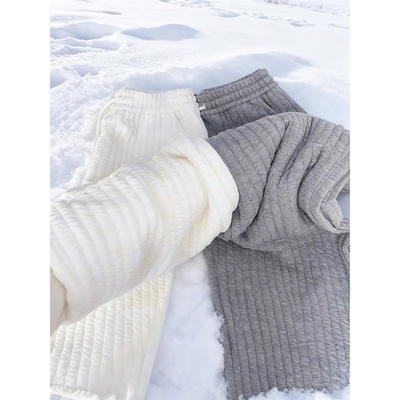 白色竖条纹夹棉棉裤男女秋冬加厚