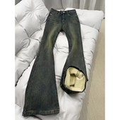 弯刀裤 复古蓝加绒微喇牛仔裤 子高腰直筒窄版 修身 男美式 高街vibe裤