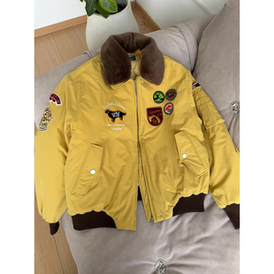 焦黄色巴恩风毛领派克棉服外套男款冬季美式刺绣小标徽章夹克棉衣