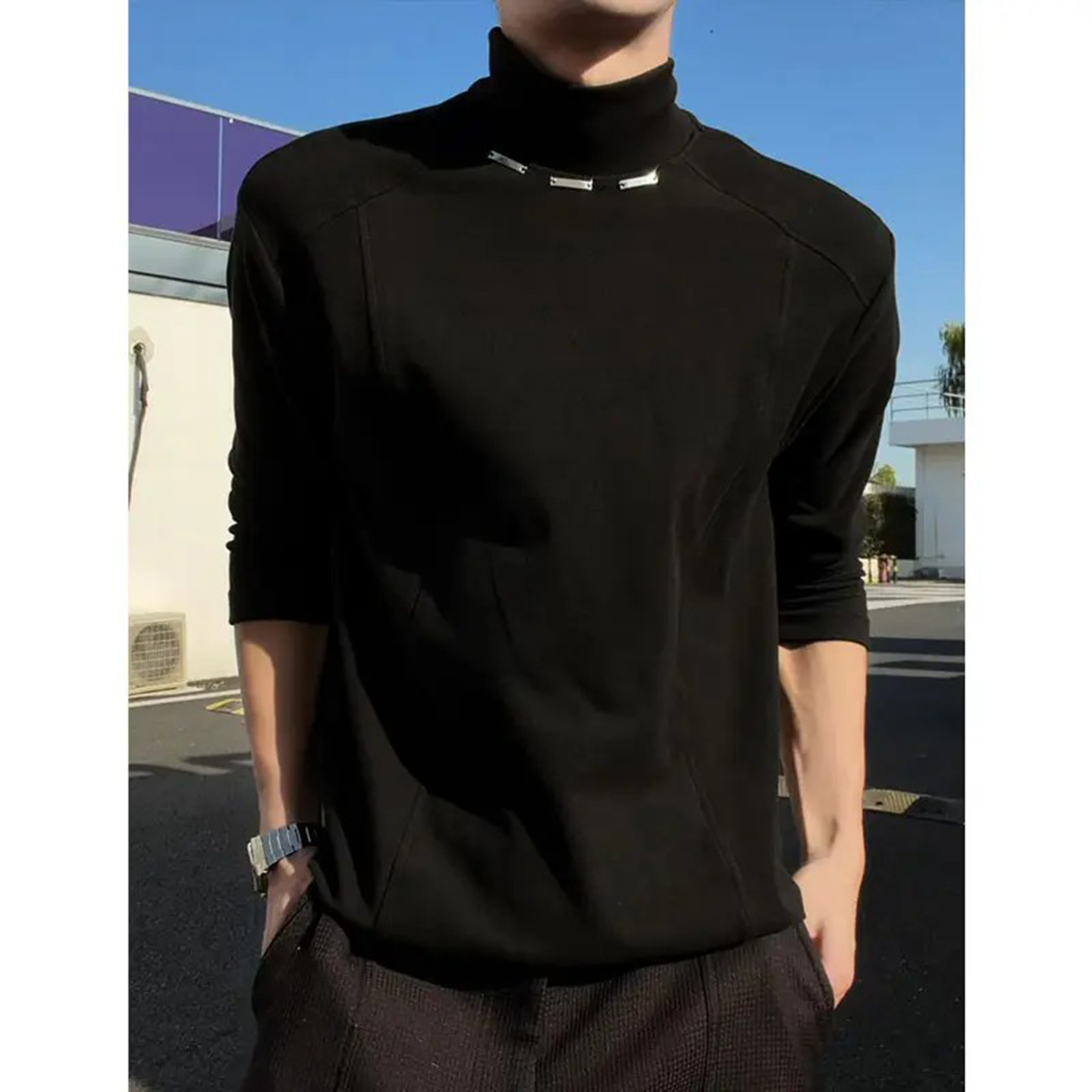 德绒金属扣解构正肩长袖t恤男款