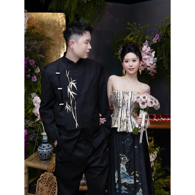 新中式中山装男西装套装结婚订婚