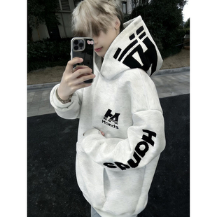 白灰色字母刺绣加绒卫衣男冬季美式重磅硬挺连帽衫hiphop情侣外套