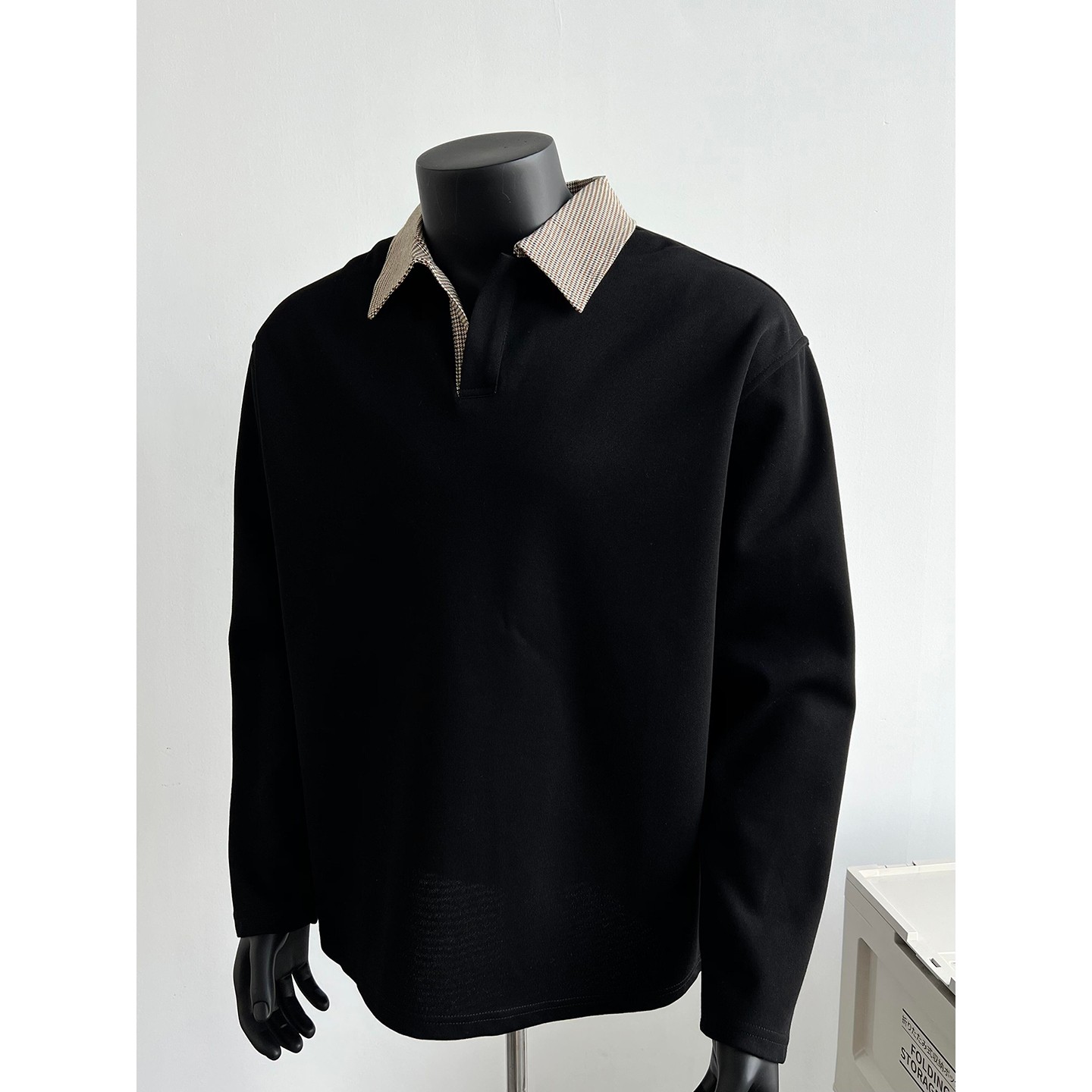 老钱风千鸟格拼接长袖polo衫美式