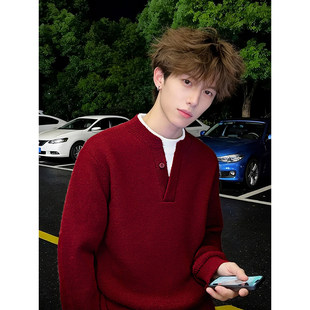红色亨利领假两件毛衣男冬季美式痞帅慵懒针织衫少年感内搭打底衫