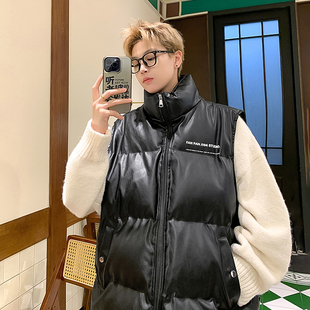 羽绒棉服保暖加厚坎肩 潮牌设计感无袖 25春季 pu皮棉马甲外套男女款