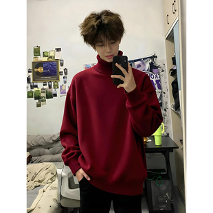 跨年穿搭红色高领毛衣男款冬季加绒加厚针织衫高级感慵懒内搭上衣