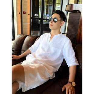 新中式v领亚麻短袖衬衫男款夏季老钱风棉麻衬衣海边度假风半截袖